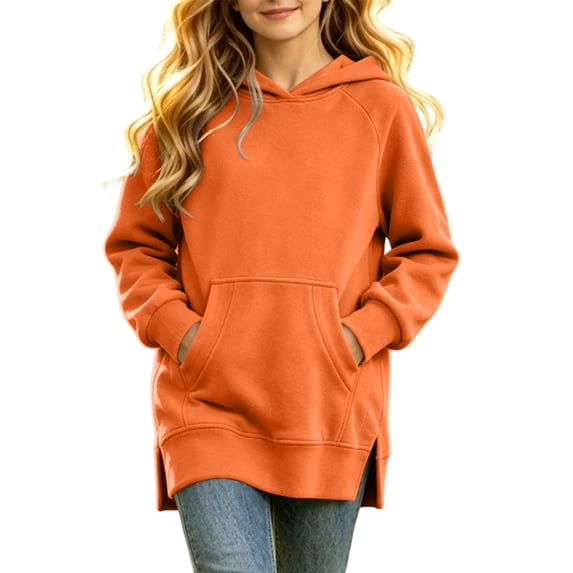 Qingpeng Big Kids Side Slit Hooded Pullover Top Longline Long Sleeve Sweatshirt with Front Pocket