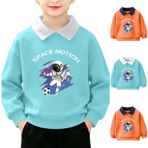 Qingpeng Boys Contrast Collar Sweatshirt Long Sleeve Pullover Top with Astronaut Graphic Print