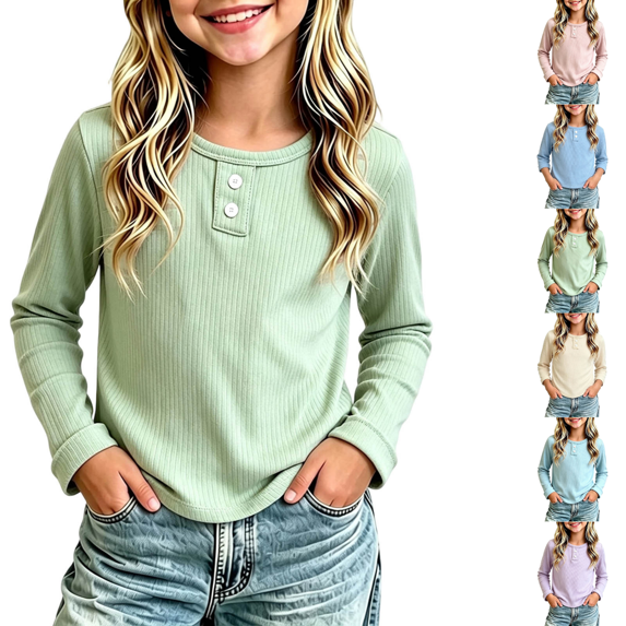 Qingpeng Boys Girls Button Placket Top Long Sleeve Ribbed Texture Pullover Shirt for Fall Layering