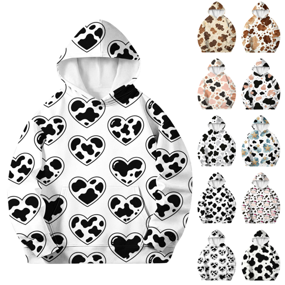 Qingpeng Boys Girls Cow Print Hoodie Long Sleeve Pullover Sweatshirt with Kangaroo Pocket for Winter