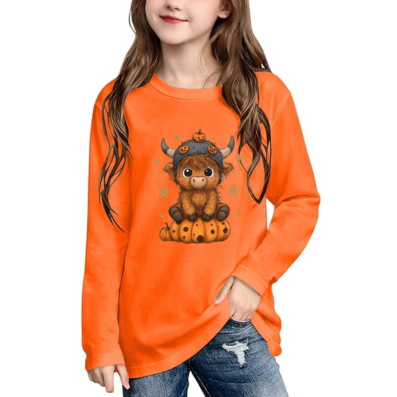 Qingpeng Boys Girls Cute Highland Cow Halloween Graphic Shirt Long Sleeve Crewneck Pullover Top