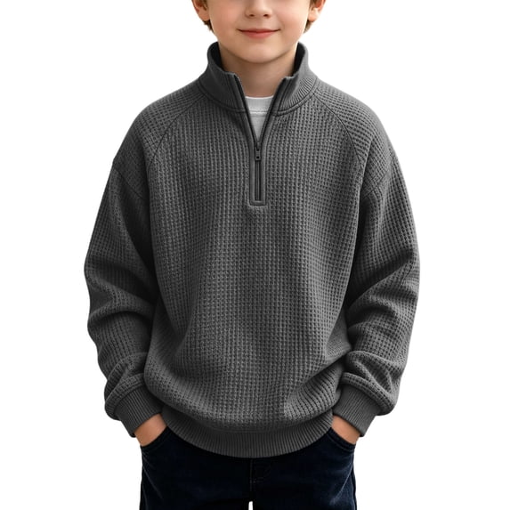 Qingpeng Boys Girls Half Zip Pullover Mock Neck Long Sleeve Textured Knit Sweatshirt for Fall Winter