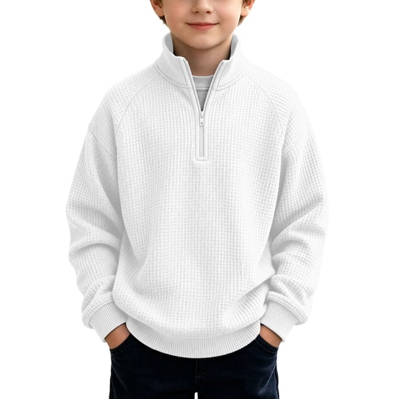 Qingpeng Boys Girls Half Zip Pullover Mock Neck Long Sleeve Textured Knit Sweatshirt for Fall Winter