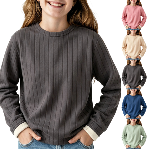 Qingpeng Boys Girls Plush Ribbed Sweatshirt Crewneck Long Sleeve Pullover Top with Contrast Cuff