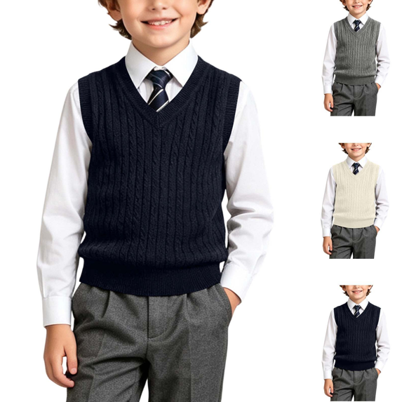 Qingpeng Boys Girls V Neck Pullover Vest Sleeveless School Top with Cable Texture Design