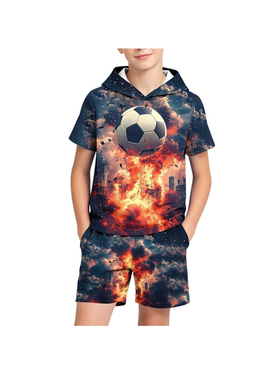 Boys Spring Summer Soccer Explosion Graphic Hooded Short Sleeve Shorts with Pockets Matching Outfit Set for Kids