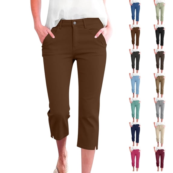 Qingpeng Capri Pants for Women Casual Stretch Business Work Capris Office Dress Straight Leg Pants Summer Petite Pants