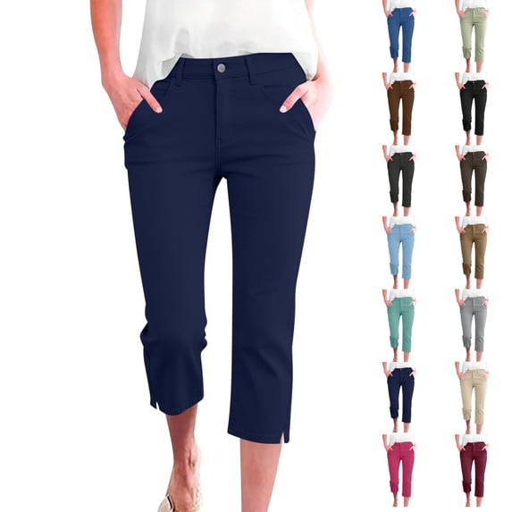 Qingpeng Capri Pants for Women Casual Stretch Business Work Capris Office Dress Straight Leg Pants Summer Petite Pants