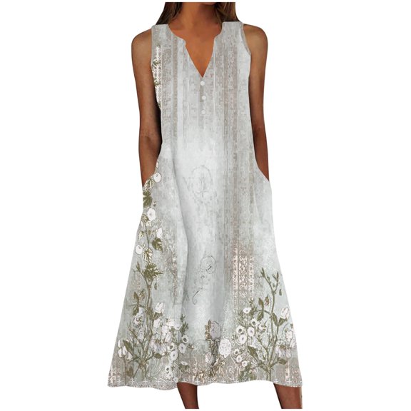 Qingpeng 2025 Women Summer V-Neck Casual Maxi Beach Dress Cute Print Sleeveless Long Dress