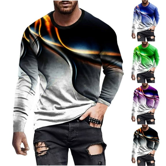 Qingpeng 3D Graphic Printing Pullover for Men Casual Long Sleeve Crewneck Shirts Plus Size Slim Fit Workout Tops Streetwear