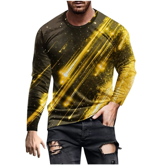 Qingpeng Basic Shirts for Men Casual Round Neck Long Sleeve Slim Fit Print Shirt Pullover Shirt Top