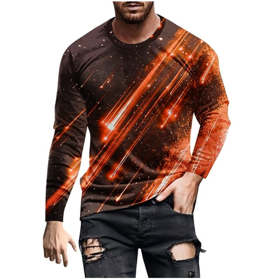 Qingpeng Basic Shirts for Men Casual Round Neck Long Sleeve Slim Fit Print Shirt Pullover Shirt Top