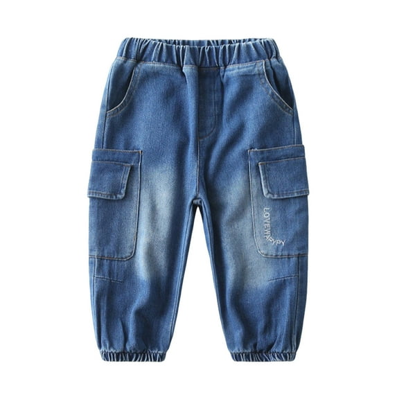 Qingpeng Boys Cargo Jeans Kids Elastic Waist Jogger Denim Pants Casual Trousers with Pockets