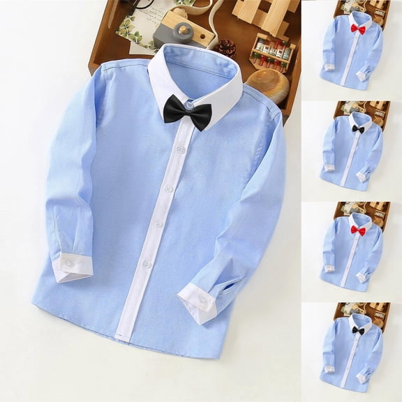Qingpeng Boys Cotton Dress Shirts Boy Button Down Shirt Long Sleeve Removable Bow Tie Button Up White Formal Graduation