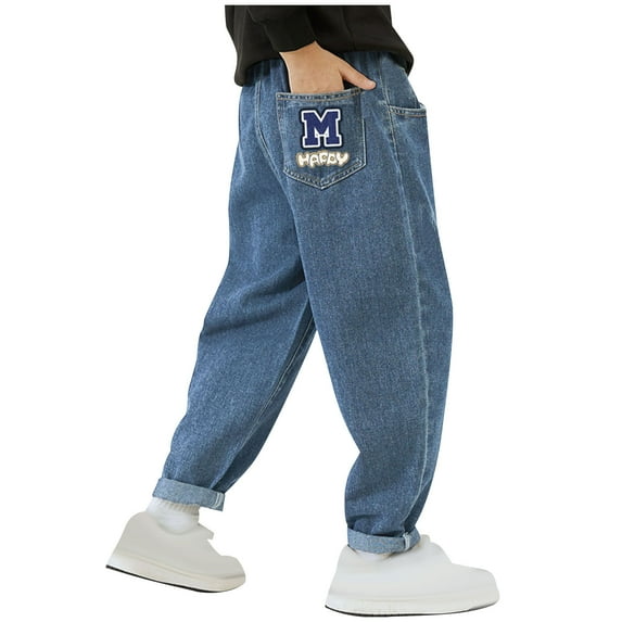 Qingpeng Boys Elastic Waist Cotton Jeans Kids Loose Fit Straight Leg Denim Pants with Pockets