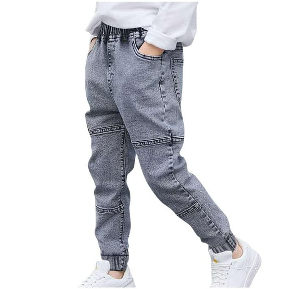 Qingpeng Boys Jeans Kids Elastic Waist Casual Loose Denim Jogger Stretch Solid Sweatpants