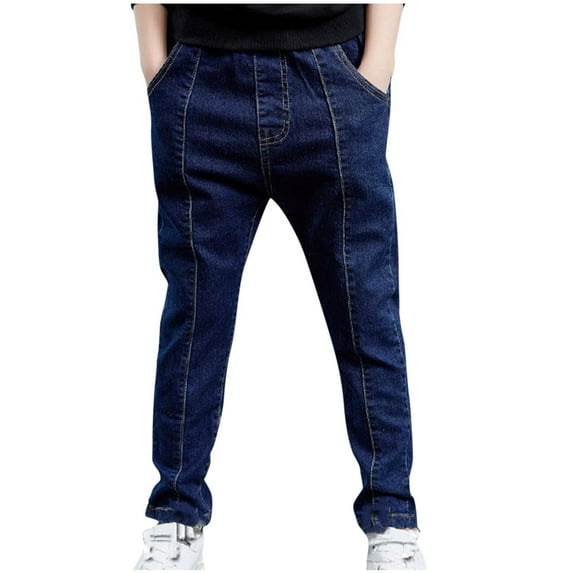Qingpeng Boys Jeans Kids Elastic Waist Straight Leg Denim Pants with Pockets