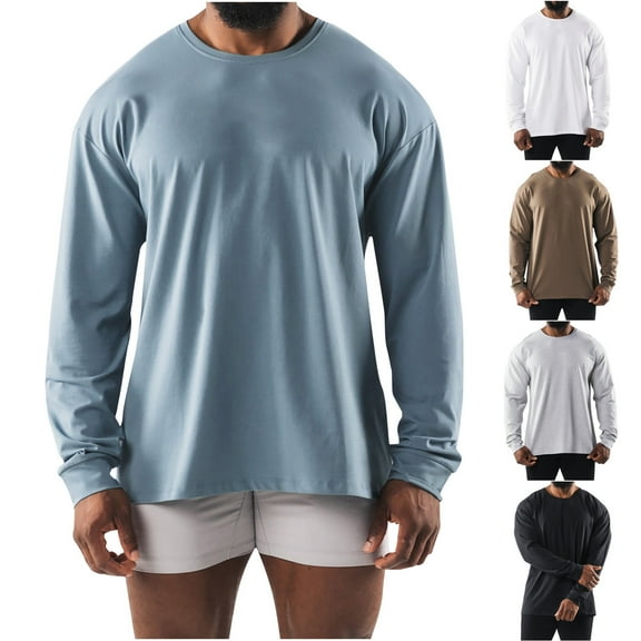Qingpeng Classic Crewneck Solid Tee Shirt for Men Casual Comfort Long Sleeves Tee Shirt