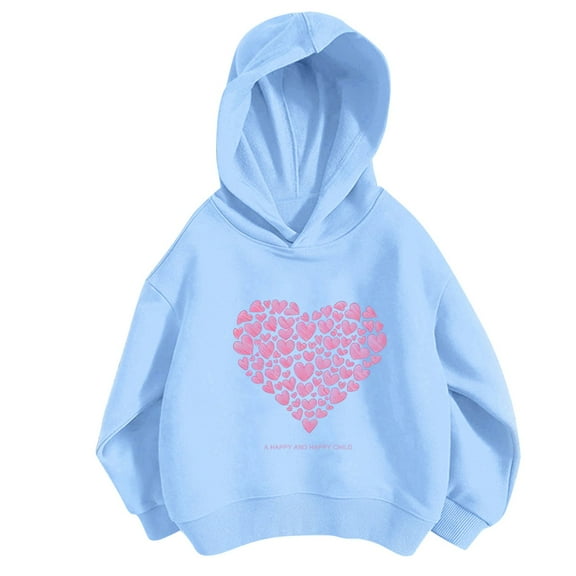 Qingpeng Girl's Cute Hoodie Heart Print Front Pocket Sweatshirts Drop Shoulder Casual Pullovers for Kid's Fall Outfits
