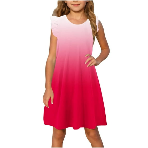 Qingpeng Girl's Summer Dress Crewneck Ruffle Sleeve A-line Swing Casual Sundress