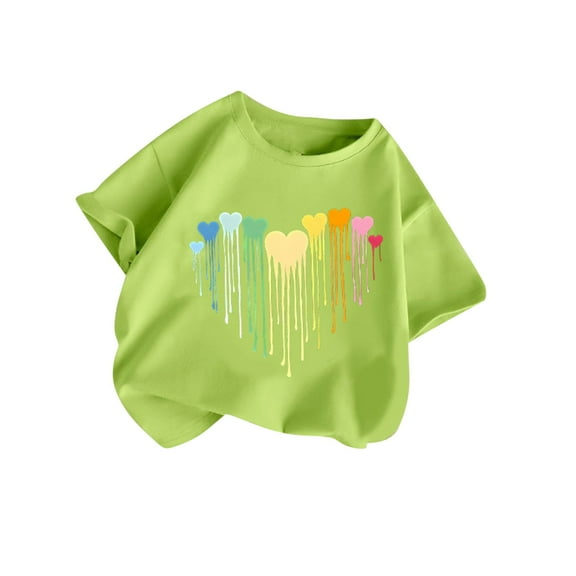 Qingpeng Girls Casual Short Sleeves T Shirts Kids Loose Soft Heart Print Tunic Tops