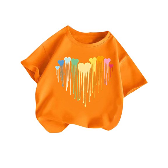 Qingpeng Girls Casual Short Sleeves T Shirts Kids Loose Soft Heart Print Tunic Tops