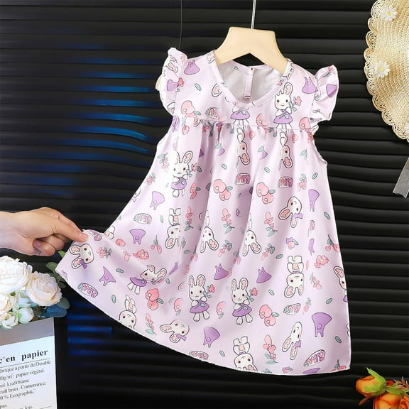 Qingpeng Girls Cotton Dress Floral Print Dress Ruffle Sleeve Casual Swing Dresses