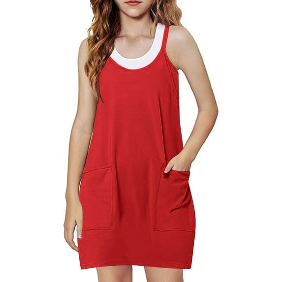 Qingpeng Girls Dress with Shorts Summer Casual Loose One Piece Solid Romper Dresses with Pockets for Kid
