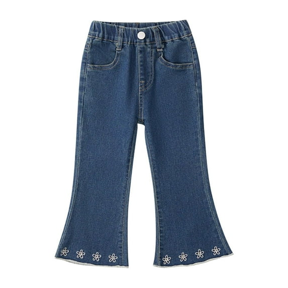 Qingpeng Girls Elastic High Waisted Bell Bottom Jeans Kids Embroidery Print Flare Leg Denim Pants