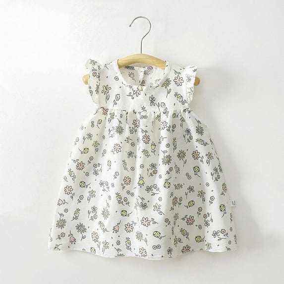 Qingpeng Girls Floral Print Dress Kids Ruffle Sleeve Pleated Casual Swing Dresses