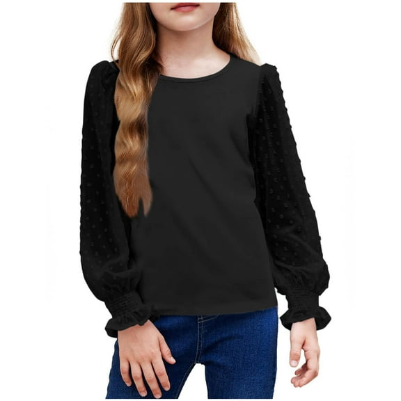 Qingpeng Girls Long Sleeve Crew Neck Pullover Top Kids Soft Lightweight Blouse Top