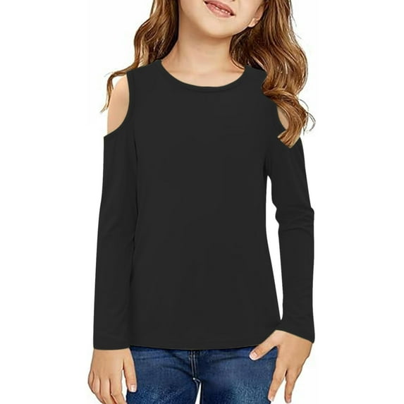 Qingpeng Girls Long Sleeves T-Shirt Kids Solid Crewneck Off Shoulder Top