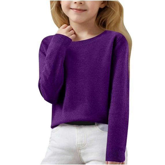 Qingpeng Girls Sweaters Kids Long Sleeve Crewneck Fall Knit Tops Cute Solid Casual Pullover