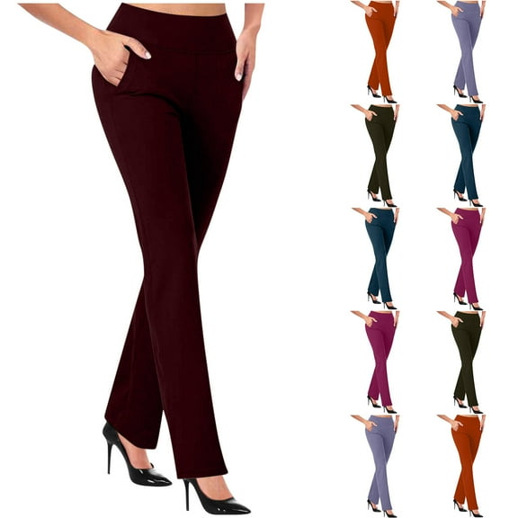 Qingpeng High Waist Pull-On Pants for Women Tummy Control Pants for Work Business Casual Office Trousers with Pockets