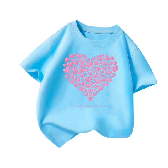Qingpeng Kids Basic Short Sleeves T Shirt Boys Girls Summer Crewneck Casual Loose Heart Print Tees Top