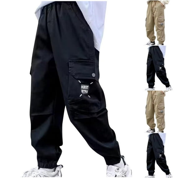 Qingpeng Kids Boy's Cargo Pants Cotton Elastic Waist Casual Loose Workout Sweatpants Joggers