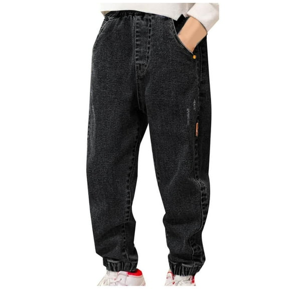 Qingpeng Kids Boys Casual Loose Joggers Jeans Toddler Elastic Waist Solid Denim Sweatpant with Pockets