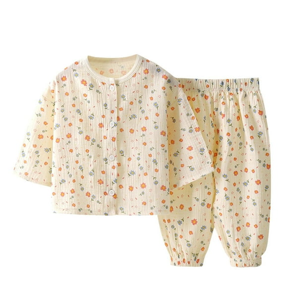Qingpeng Kids Boys Girls Soft Cotton Pajama Set Long Sleeve Button Down Top + Pants