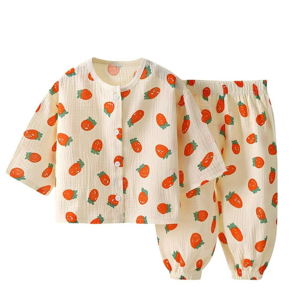 Qingpeng Kids Boys Girls Soft Cotton Pajama Set Long Sleeve Button Down Top + Pants
