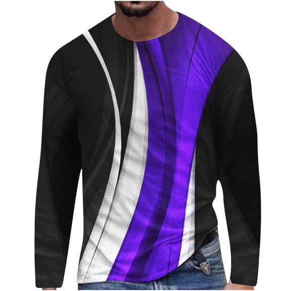 Qingpeng Long Sleeve Shirts for Men Casual Round Neck Shirt Slim Fit Print Shirt Top