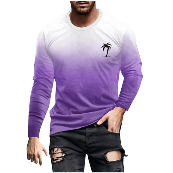 Qingpeng Long Sleeve Shirts for Men Casual Round Neck Slim Fit Print Shirt Basic Pullover Shirt Top