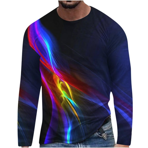 Qingpeng Long Sleeve Tees for Men Print Pullover Tops Fall Round Neck Long Sleeve Tee Shirt Blouse Tops