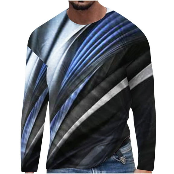 Qingpeng Long Sleeve Tees for Men Print Pullover Tops Fall Round Neck Long Sleeve Tee Shirt Blouse Tops