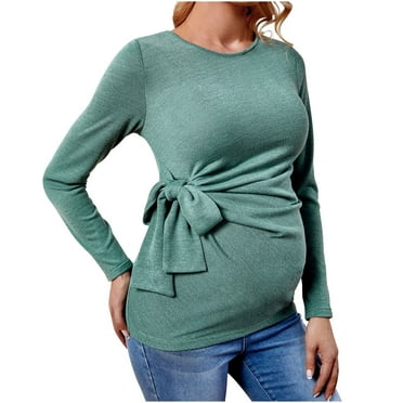 Qingpeng Maternity Shirt Crewneck Long Sleeve Basic Top Ruch Sides Bodycon Solid T Shirt for Pregnant Women