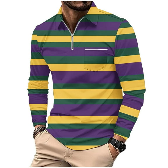 Qingpeng Men 1/4 Zip Lapel Shirts Men Stripe Print Casual Slim Fit Long Sleeve Shirts