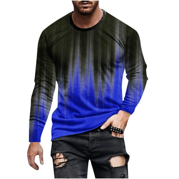 Qingpeng Men Gradient Color T-Shirt Spring Shirts Comfy Long Sleeve Scoop Neck Tops Blouses Basic Casual Pullover Shirt