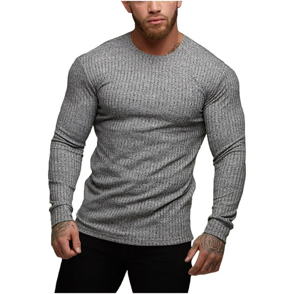 Qingpeng Men Long Sleeve Pullover T Shirts Casual Solid Round Neck Tee Shirts