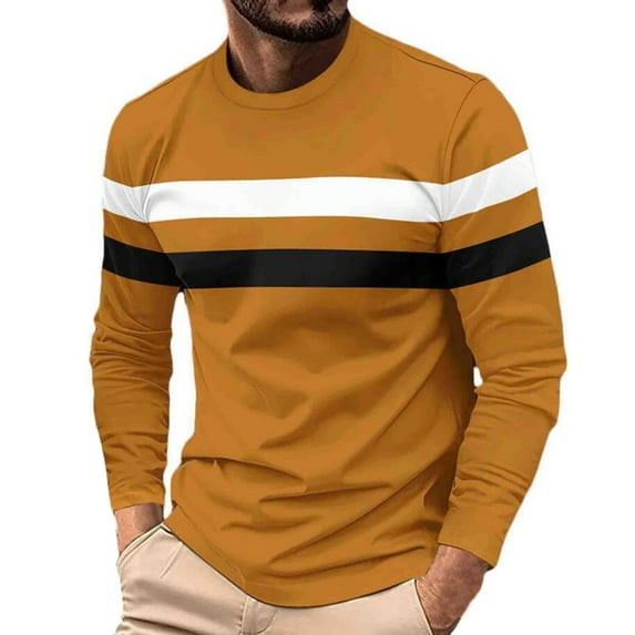 Qingpeng Men Long Sleeve T-Shirt Striped Round Neck Pullover Fall Casual Classic Slim Fit Basic Crewneck Shirt