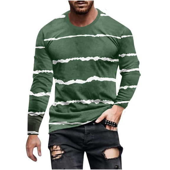 Qingpeng Men Shirts Casual Striped Long Sleeve Crew Neck Fitness T Shirt Regular Fit Basic Shirt