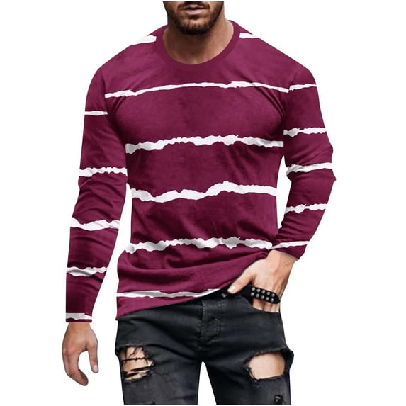 Qingpeng Men Shirts Casual Striped Long Sleeve Crew Neck Fitness T Shirt Regular Fit Basic Shirt